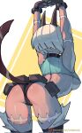  1girl animal_ears arched_back arms_up ass belt belt_pouch breasts cat_ears cat_tail dark-skinned_female dark_skin fingerless_gloves gloves highres ms._fortune_(skullgirls) pouch scar short_hair sideboob simple_background skullgirls solo stretching tail underboob wersman white_hair 