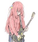  1girl bocchi_the_rock! commentary_request cube_hair_ornament electric_guitar gibson_les_paul gotou_hitori grey_skirt guitar hair_ornament hair_over_eyes highres holding holding_instrument instrument jacket long_hair one_side_up parted_lips pink_hair pink_jacket simple_background sketch skirt solo tamaoki_benkyou track_jacket upper_body white_background 