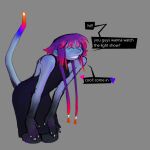  &lt;3 1:1 absurd_res bangs bioluminescence blue_body blue_skin braided_hair clothed clothing dialogue dress english_text female glowing hair hi_res humanoid not_furry purple_hair smile solo speech_bubble tail tailed_humanoid text thecore34 