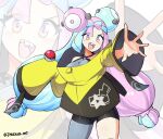  1girl artist_name bare_shoulders bike_shorts blue_hair bow-shaped_hair breasts character_hair_ornament grey_pantyhose hair_ornament hexagon_print holding holding_poke_ball iono_(pokemon) jacket jarckius large_breasts light_blue_hair long_hair low-tied_long_hair multicolored_hair oversized_clothes pantyhose pink_hair poke_ball poke_ball_(basic) pokemon pokemon_(game) pokemon_sv sharp_teeth single_leg_pantyhose sleeves_past_fingers sleeves_past_wrists solo split-color_hair teeth twitter_username two-tone_hair very_long_sleeves yellow_jacket 