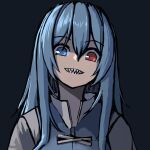  1girl allcy49 alternate_hair_length alternate_hairstyle black_background blue_eyes blue_hair commentary_request cross-laced_clothes heterochromia highres long_hair looking_at_viewer red_eyes sharp_teeth simple_background solo tatara_kogasa teeth touhou upper_body 