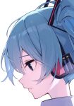  1girl aqua_eyes aqua_hair black_headwear close-up commentary from_side hair_ornament hatsune_miku headphones highres long_hair looking_down parted_lips profile rakugaki_nye simple_background solo vocaloid white_background 