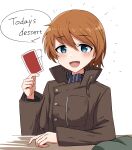  1girl :d absurdres blue_eyes blush brown_coat card coat emu_1316 english_text hair_between_eyes highres holding holding_card isabelle_du_monceau_de_bergendal long_sleeves looking_at_viewer no_headwear noble_witches orange_hair reverse_trap simple_background smile solo speech_bubble swept_bangs upper_body white_background world_witches_series 