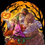  1boy afro artist_name bara beard black_hair blue_skin chain cheekyowl colored_skin english_commentary facial_hair fangs food happy_halloween highres holding holding_food holding_pumpkin holding_vegetable jack-o&#039;-lantern jinbe_(one_piece) muscular one_piece pectorals pointy_ears pumpkin solo standing vegetable webbed_hands wide_sleeves 