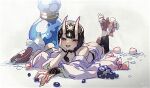  1girl ankle_ribbon black_hair blush commentary cup eyeliner fate/grand_order fate_(series) food fruit full_body gourd grapes horns isagiyo japanese_clothes kimono leg_ribbon looking_at_viewer lying makeup on_stomach oni oni_horns open_mouth purple_eyes revealing_clothes ribbon sakazuki short_hair shuten_douji_(fate) skin-covered_horns smile solo symbol-only_commentary 