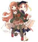  2girls :d anniversary aoki_ume ball black_headwear black_jacket blush boots bow braid brown_hair brown_skirt chain closed_mouth commentary_request frilled_sleeves frills fur-trimmed_boots fur_trim green_jacket green_ribbon green_thighhighs hair_ribbon hair_rings hat highres hiiragi_nemu holding_hands jacket long_hair long_sleeves magia_record:_mahou_shoujo_madoka_magica_gaiden mahou_shoujo_madoka_magica mortarboard multiple_girls one_side_up parted_bangs purple_eyes red_bow red_eyes red_footwear ribbon satomi_touka shirt skirt sleeves_past_wrists smile thighhighs thighhighs_under_boots translation_request twin_braids very_long_hair white_footwear white_shirt 