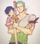  1boy 1girl aokamei blue_hair closed_eyes closed_mouth crossed_arms earrings green_hair highres holding holding_sword holding_weapon jewelry katana kuina one_piece roronoa_zoro short_hair single_earring smile sword time_paradox weapon 