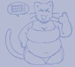  2023 anthro belly belly_overhang big_belly big_breasts bottomwear bra breasts cassicat cleavage clothed clothing dialogue domestic_cat english_text excited felid feline felis female mammal markings mole_(marking) monochrome navel overweight overweight_anthro overweight_female shorts solo speech_bubble text underwear whiskers 