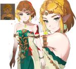  1girl absurdres bare_shoulders blonde_hair bracelet breasts collarbone dress earrings green_dress green_eyes highres jewelry looking_at_viewer medium_breasts multiple_views necklace ormille parted_bangs pointy_ears princess_zelda short_hair sidelocks smile tagme the_legend_of_zelda the_legend_of_zelda:_tears_of_the_kingdom two-tone_dress white_dress 