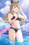  1girl 1other absurdres ahoge animal_ears bare_arms bare_shoulders bikini black_bikini blue_sky cat_ears cloud commentary_request cowboy_shot day genshin_impact green_eyes grey_hair haneshuu_rie highres kirara_(genshin_impact) long_hair looking_at_viewer navel open_mouth sky solo_focus standing stomach swimsuit thighs wading water water_gun 