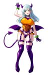  1girl alternate_costume aqua_hair black_choker blush boots breasts choker demon_horns demon_tail demon_wings fake_horns fangs gloves green_eyes hair_between_eyes halloween_costume highres horns kantai_collection large_breasts long_hair mikan_29344886 open_mouth purple_footwear purple_gloves purple_tail purple_wings simple_background smile solo suzuya_(kancolle) tail thigh_boots white_background wings 