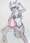  absurd_res anthro ball belly blue_eyes clothing facial_markings female fish grey_body hair head_markings hi_res marine markings navel on_one_leg requiem_shark shark shark_tail smile solo standing swimwear tail tiger_shark traditional_media_(artwork) volleyball_(ball) white_body white_hair zatlea 