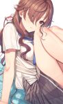  1girl android_girl_(itou) arm_support bare_legs blue_neckerchief breasts brown_eyes brown_hair feet_out_of_frame from_side grey_skirt hair_over_one_eye highres itou_(onsoku_tassha) joints knee_to_face knees_up legs light_frown long_hair medium_breasts neckerchief original pleated_skirt robot_joints school_uniform serafuku shirt short_sleeves sitting skirt solo thighs wavy_hair white_shirt 