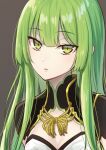  1girl blunt_bangs cleavage_cutout close-up clothing_cutout eyelashes green_eyes green_hair green_trim grey_background hizamaru_(tenka_hyakken) long_hair looking_at_viewer nakamura_hinato out_of_frame parted_lips short_sleeves smile solo string tenka_hyakken upper_body yellow_trim 