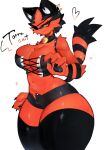  &lt;3 anthro big_breasts breasts choker clothing colored eye_patch eyewear female generation_7_pokemon hi_res huge_thighs jewelry legwear necklace nintendo pokemon pokemon_(species) simple_background solo tagme thick_thighs thigh_highs togetoge torracat unbuttoned_pants unbuttoned_shorts 