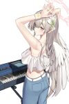  1girl absurdres angel_wings arms_up bare_shoulders blonde_hair blue_archive camisole denim feathered_wings hair_ornament halo highres instrument jeans keyboard_(instrument) laza_(0ldsong) long_hair nagisa_(blue_archive) pants simple_background sleeveless white_background white_camisole white_wings wings yellow_eyes 