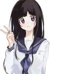  1girl absurdres black_hair black_sailor_collar blush chitanda_eru highres hyouka kurobeko_(kur0bek0) long_hair long_sleeves looking_at_viewer neckerchief parted_lips purple_eyes purple_neckerchief sailor_collar school_uniform serafuku simple_background solo upper_body v white_background 