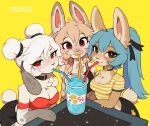  anthro beverage big_breasts blush bottomwear braided_hair braided_ponytail breasts chest_tuft choker cleavage clothed clothing container cup double_bun female floppy_ears fluffy furniture group hair hi_res inner_ear_fluff jewelry lagomorph leporid looking_at_viewer mammal necklace ponytail rabbit sharing_beverage shorts simple_background sitting slushie_(waspsalad) straw straw_in_mouth table topwear torpor_(waspsalad) trio tuft vivi_(waspsalad) waspsalad 
