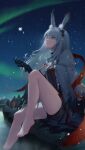  1girl absurdres animal_ears arknights barefoot black_gloves coat frostnova_(arknights) gloves grey_eyes grey_hair hair_ornament hairclip highres long_hair rabbit_ears scar scar_on_face scar_on_nose snowflakes soaking_feet solo white_hair zayur 