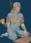  1boy beanie blonde_hair blue_background closed_eyes closed_mouth coffee_mug commentary_request cup danart14020 feathers full_body hat highres holding holding_cup hood hood_down hoodie horseshoe_ornament johnny_joestar jojo_no_kimyou_na_bouken lips male_focus mug pants realistic short_sleeves simple_background sitting solo steel_ball_run wariza wristband 