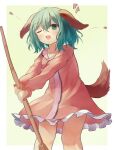  1girl animal_ears ar_(maeus) blush broom dog_ears dog_tail dress feet_out_of_frame green_eyes green_hair hair_between_eyes heart holding holding_broom kasodani_kyouko long_sleeves one_eye_closed open_mouth pink_dress short_hair smile solo tail touhou 
