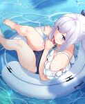  1girl aona_(anagasaki) bare_shoulders blue_archive blue_halo blue_one-piece_swimsuit bow casual_one-piece_swimsuit frilled_one-piece_swimsuit frills from_above grey_bow grey_hair hair_bow halo highres long_hair miyako_(blue_archive) miyako_(swimsuit)_(blue_archive) off-shoulder_one-piece_swimsuit off_shoulder official_alternate_costume on_innertube one-piece_swimsuit ponytail purple_eyes sidelocks smile solo swimsuit very_long_hair white_innertube 