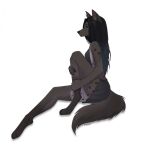  2023 4_toes anthro barefoot black_hair black_nose blue_eyes breasts canid canine canis clothing eyebrows feet female fluffy fluffy_tail fur hair hi_res inner_ear_fluff koiren long_hair long_tail mammal nightritual_(character) paws side_view simple_background sitting solo spots spotted_body spotted_fur tail toes tuft watermark wolf 