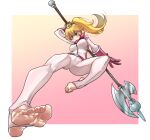  1girl belt blonde_hair blue_eyes blush bodysuit breasts crown eiji_(eiji) feet foot_focus foreshortening gloves highres holding holding_polearm holding_weapon huge_breasts lips long_hair mario_(series) pink_gloves polearm princess_peach solo the_super_mario_bros._movie v-shaped_eyebrows weapon web_address white_bodysuit 
