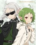  2girls ahoge akane_(akaneoekaki0928) black_cloak cloak closed_mouth elf gloves green_hair highres hood hooded_jacket jacket looking_at_viewer multiple_girls mushoku_tensei pointy_ears shirt short_eyebrows sunglasses sylphiette_(mushoku_tensei) time_paradox white_gloves white_hair white_jacket white_shirt 