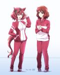  2girls animal_ears artist_logo breasts brown_hair closed_mouth color_connection cosplay crossover dated ear_covers full_body gym_uniform hair_color_connection hand_in_own_hair hand_on_own_hip heel_up hibike!_euphonium highres horse_ears horse_girl horse_tail jacket long_sleeves look-alike medium_breasts medium_hair multicolored_hair multiple_girls nice_nature_(umamusume) nii_manabu open_mouth oumae_kumiko own_hands_together pants red_jacket red_pants red_track_suit shoes smile sneakers split_mouth standing streaked_hair tail tracen_training_uniform track_jacket track_pants twintails umamusume yellow_eyes 