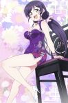  absurdres bead_bracelet beads blush bracelet breasts china_dress chinese_clothes cleavage_cutout clothing_cutout commentary_request dress floral_background floral_print green_eyes high_heels highres jewelry large_breasts looking_at_viewer love_live! love_live!_school_idol_festival low_twintails on_chair open_mouth purple_hair side_slit signature sitting smile teeth toujou_nozomi twintails upper_teeth_only white_footwear zero-theme 