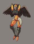  1girl absurdres airazor alien armor beast_wars beast_wars:_transformers blue_eyes breasts colored_skin curvy grey_background grey_skin highres humanoid_robot orange_panties panties rainbowpaw2015 robot simple_background smile solo thick_thighs thighs transformers underwear wings 