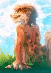  anthro biped canid canine canis claws clothed clothing cloud domestic_dog female floppy_ears fur grass mammal momobeda outside plant solo spots spotted_body spotted_fur sunny topless topless_anthro topless_female 