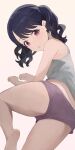  1girl black_hair camisole fukumaru_koito grey_camisole highres hiroki_(yyqw7151) idolmaster idolmaster_shiny_colors looking_at_viewer medium_hair panties panties_under_shorts parted_bangs parted_lips pink_background pink_eyes purple_shorts shorts simple_background solo thighs twintails underwear white_panties 