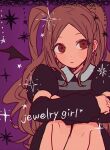  1girl brown_eyes brown_hair closed_mouth crossed_arms diamond_earrings drawn_wings earrings english_text eyelashes jewelry juliet_sleeves long_hair long_sleeves pikara pop&#039;n_music puffy_sleeves purple_background ratte_(pop&#039;n_music) sitting solo sparkle star_(symbol) twintails 