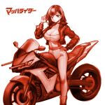  1girl belt bodysuit breasts choker cleavage closed_mouth collarbone copyright_name cropped_jacket hair_between_eyes hand_on_own_hip highres jacket large_breasts long_sleeves mach_rider mach_rider_(character) minamoto80486 monochrome motor_vehicle motorcycle open_clothes open_jacket red_theme short_hair simple_background solo white_background 