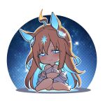  1girl animal_ears aqua_hair bare_shoulders barefoot bikini blue_eyes blue_pupils blush chibi closed_mouth commentary foreshortening hair_between_eyes hair_ornament highres horse_ears horse_girl light_brown_hair light_smile long_hair looking_at_viewer multicolored_hair navel neo_universe_(umamusume) no_nose open_clothes sitting solo sparkle swimsuit two-tone_hair umamusume very_long_hair warashi white_bikini 