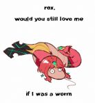  animalization black_eyes english_text highres kari_miel looking_ahead meme no_humans pyra_(xenoblade) red_hair simple_background solo white_background worm would_you_still_love_me_if_i_was_a_worm_(meme) xenoblade_chronicles_(series) xenoblade_chronicles_2 
