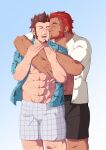  2boys abs absurdres bara beard brown_hair bulge commission facial_hair fate/grand_order fate_(series) feet_out_of_frame goatee hands_on_another&#039;s_arm happy highres hug hug_from_behind iskandar_(fate) kiss kissing_cheek long_sideburns male_focus mature_male multiple_boys muscular muscular_male napoleon_bonaparte_(fate) navel navel_hair nipples red_hair second-party_source short_hair sideburns stomach thick_eyebrows yaoi 