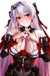  1girl :&gt; absurdres bare_shoulders black_dress blush breasts closed_mouth crossed_fingers detached_sleeves dress earrings hair_ribbon head_tilt highres honkai_(series) honkai_impact_3rd jewelry large_breasts long_hair mature_female pyeong-il_pyeongil red_eyes ribbon solo theresa_apocalypse upper_body white_background white_hair 