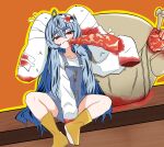  1girl absurdres ahoge animal_ears arm_between_legs backpack bag bandages blood blood_stain blue_dress blue_hair bone boots buttons collarbone denim dress eating food food_print hair_between_eyes highres indie_virtual_youtuber light_blue_hair looking_at_viewer lop_rabbit_ears meat noiriririri outline para_(vtuber) rabbit_ears red_background rubber_boots shirt sidelocks sitting spring_onion thick_eyebrows tsurime virtual_youtuber white_shirt yellow_footwear yellow_outline 