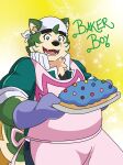  absurd_res anthro apron bandanna blush cake canid canine canis clothing dessert domestic_dog eyebrows food fur green_body green_fur hi_res kerchief kurofursona lifewonders live_a_hero looking_at_viewer male mammal mokdai slightly_chubby solo thick_eyebrows 