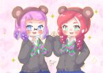  2girls absurdres animal_ears bear_ears blue_eyes bow bowtie cardigan collared_shirt fake_animal_ears fang glasses green_eyes highres holding_hands inkling inkling_girl long_hair long_sleeves multiple_girls octoling octoling_girl open_mouth purple_hair red_hair school_uniform shirt short_hair smile splatoon_(series) striped striped_bow striped_bowtie tentacle_hair ura_guru 