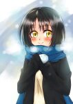  1girl black_coat black_hair blue_scarf blurry blurry_background blush bob_cut closed_mouth coat commentary hakuyan8989 highres jacket kashuu_kiyomitsu_(tenka_hyakken) long_sleeves looking_at_viewer mittens open_clothes open_jacket scarf short_hair smile solo tenka_hyakken upper_body winter_clothes yellow_eyes 