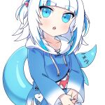  1girl animal_costume blue_eyes blue_hair blue_hoodie blue_nails blunt_bangs cross_(vgne4542) fins fish_tail gawr_gura gawr_gura_(1st_costume) hair_ornament highres hololive hololive_english hood hoodie looking_at_viewer medium_hair multicolored_hair nail_polish open_mouth shark_costume shark_hair_ornament shark_tail sharp_teeth sidelocks solo streaked_hair tail teeth two_side_up upper_teeth_only virtual_youtuber white_hair 