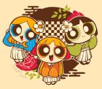  3girls alternate_hairstyle artist_name black_hair blossom_(ppg) blue_eyes bubbles_(ppg) buttercup_(ppg) commentary_request danishi flower green_eyes hair_flower hair_ornament hakama japanese_clothes multiple_girls open_mouth orange_eyes orange_hair powerpuff_girls siblings signature sisters smile striped 