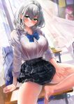  1girl black_skirt blush breasts collarbone green_eyes grey_hair highres hololive kawai_(purplrpouni) large_breasts long_sleeves looking_at_viewer shirogane_noel shirt short_hair sitting skirt smile solo virtual_youtuber white_shirt 