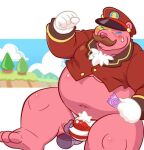  anthro bear bear_jelly_conductor belly big_belly blue_eyes blush body_hair bulge bulge_fondling clothed clothing detached_hand duo facial_hair gloves handwear hat headgear headwear hupi1008 male mammal mustache navel overweight pantsless pink_body pink_feet pink_nose pubes red_clothing red_suit solo suit thong train_conductor underwear white_clothing white_gloves white_handwear 