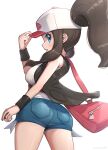  1girl adjusting_clothes adjusting_headwear ass bag bare_shoulders baseball_cap black_vest black_wristband blue_eyes breasts cowboy_shot denim denim_shorts from_behind gonzarez hair_through_headwear hand_on_headwear handbag hat high_ponytail highres hilda_(pokemon) holding holding_poke_ball looking_at_viewer looking_back medium_breasts nape open_clothes open_vest parted_lips pink_bag poke_ball poke_ball_(basic) pokemon pokemon_(game) profile short_shorts shorts sidelocks signature simple_background sleeveless solo tank_top v-shaped_eyebrows vest white_tank_top 
