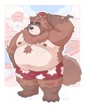  2023 absurd_res anthro belly big_belly brown_body canid canine clothing ellipsis hi_res kemono male mammal moobs navel nipples outside overweight overweight_male peekeroro raccoon_dog solo swimming_pool swimwear tanuki 